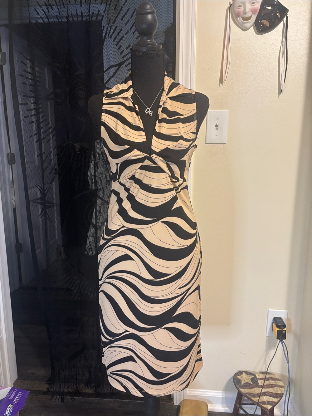 My Michelle Black and Beige Swirl Twist-Front Midi Dress